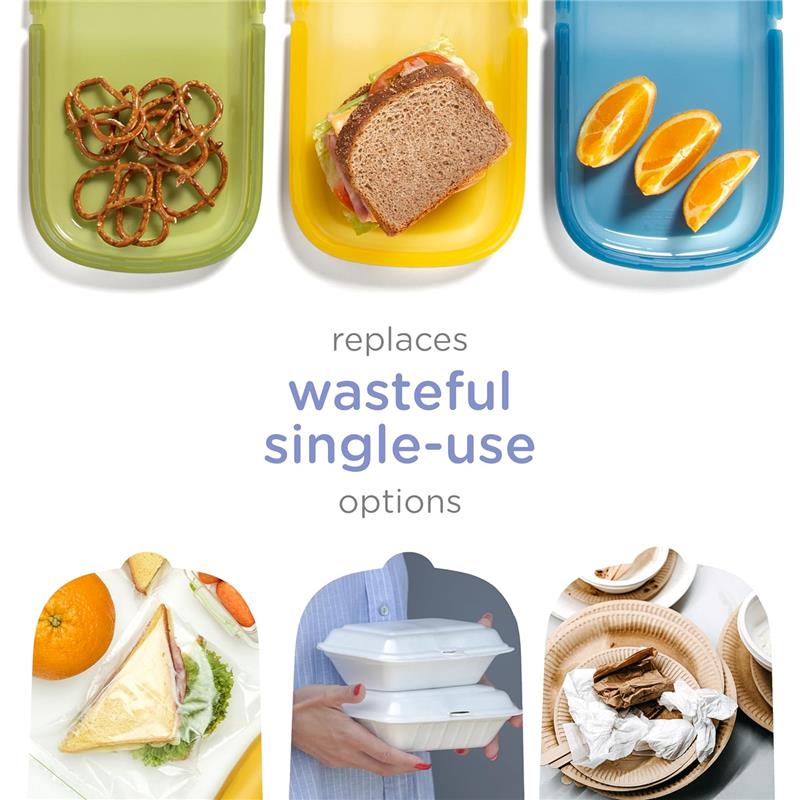 Reusable silicone storage bags in olive and juniper, showing snacks and meal items, promoting eco-friendly alternatives.
