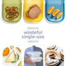 Reusable silicone storage bags in olive and juniper, showing snacks and meal items, promoting eco-friendly alternatives.