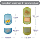 Reusable silicone storage bags in olive and juniper, including one snack bag and one sandwich bag with measurements.