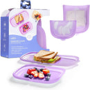 Reusable silicone storage bags in Smoothie Purple, with food items inside. Packaging highlights features and usage.