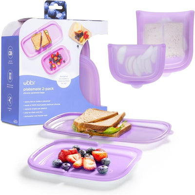 Reusable silicone storage bags in Smoothie Purple, with food items inside. Packaging highlights features and usage.