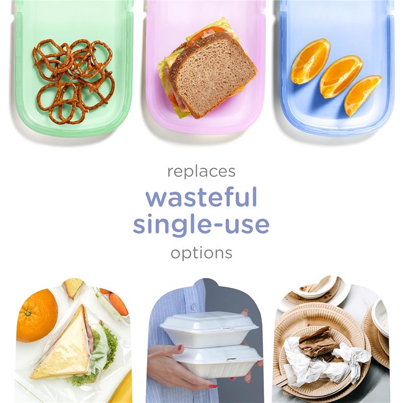 Reusable silicone storage bags in Smoothie Purple, with food examples, highlighting eco-friendly alternatives to single-use options.