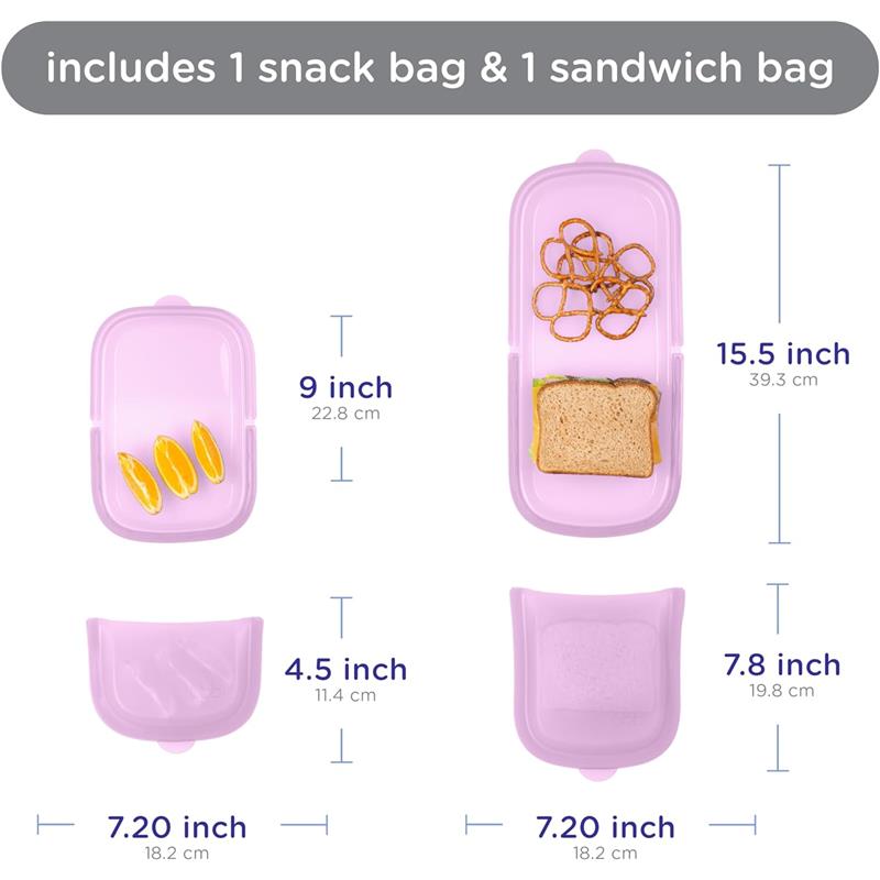 Reusable silicone storage bags in Smoothie Purple, featuring one snack bag and one sandwich bag with visible dimensions.