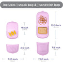 Reusable silicone storage bags in Smoothie Purple, featuring one snack bag and one sandwich bag with visible dimensions.