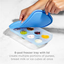 8-pod freezer tray in Polaris Blue with lid, displaying assorted purees and food textures, ideal for baby feeding.