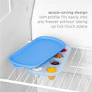 Ubbi Baby Food Feeder & Freezer Tray Set in Polaris Blue and Zest Green, featuring a space-saving design in a freezer.