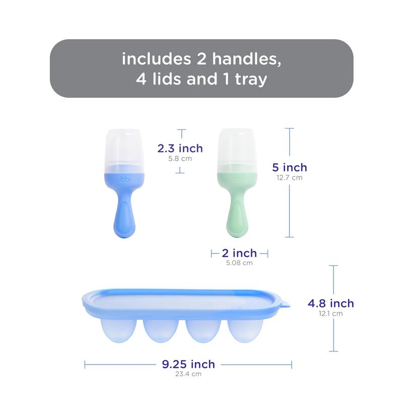 Ubbi baby food feeder and freezer tray set in Polaris Blue and Zest Green, includes 2 handles, 4 lids, and 1 tray.
