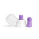 Silicone finger toothbrushes in purple with a storage case, designed for baby oral care.