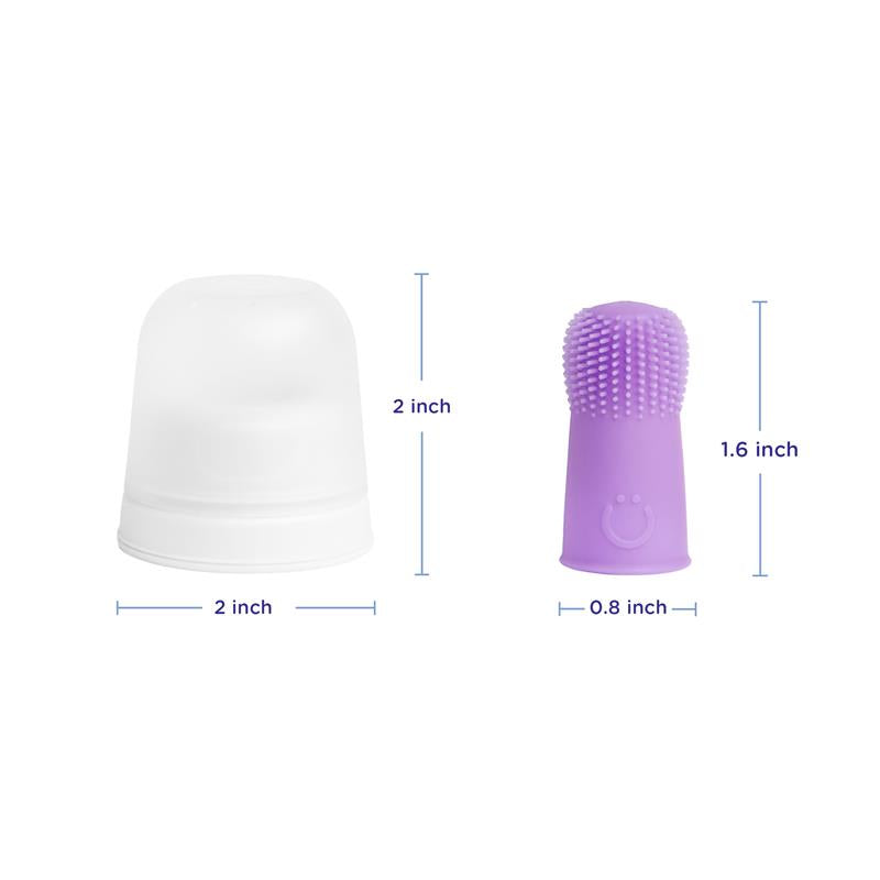 Baby silicone finger toothbrush in purple with a storage case, showing size dimensions of 2 inches and 1.6 inches.