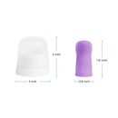 Baby silicone finger toothbrush in purple with a storage case, showing size dimensions of 2 inches and 1.6 inches.