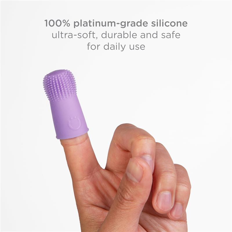Baby silicone finger toothbrush in lavender, showcasing finger fit and textured design for gentle gum cleaning.