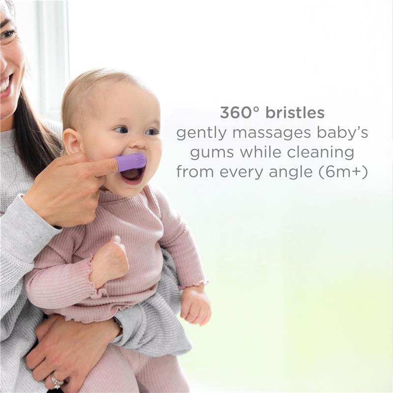 Baby smiles while using a purple Ubbi silicone finger toothbrush; text highlights 360° bristles for gum cleaning.