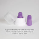Baby silicone finger toothbrush in purple with a white storage case and hygiene cover, promoting cleanliness and portability.
