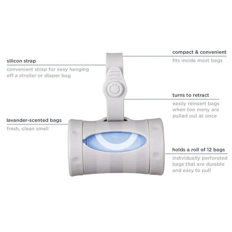 Retractable bag dispenser for travel with a silicon strap, lavender-scented bags, and features for easy access and retraction.