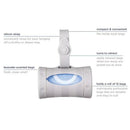 Retractable bag dispenser for travel with a silicon strap, lavender-scented bags, and features for easy access and retraction.