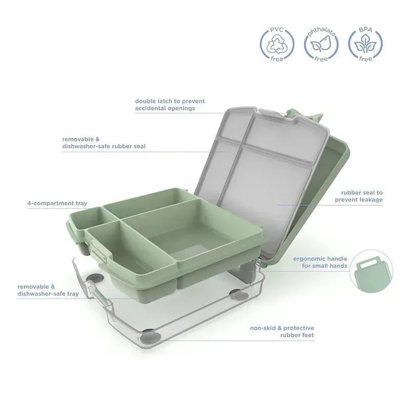 Bento lunch box for kids in cloudy blue with a four-compartment tray, double latch, ergonomic handle, and rubber seal.