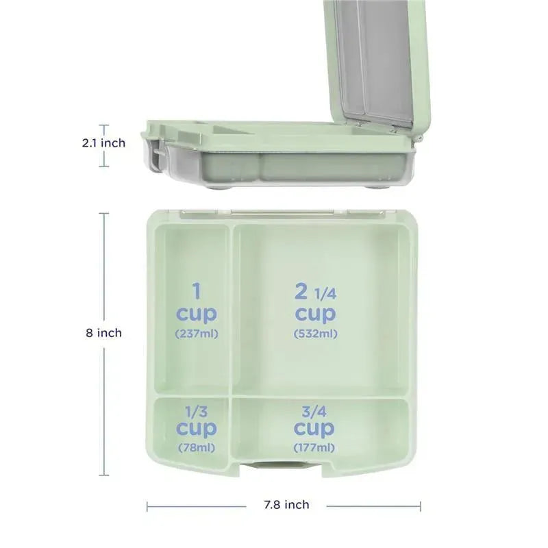 Bento lunch box for kids in sage green with divided compartments labeled for portion sizes and dimensions.