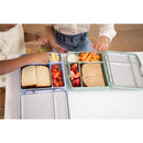 Bento lunch boxes for kids in sage green and light blue, filled with sandwiches, fruits, veggies, and dips on a table.