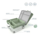 Bento lunch box for kids in sage green, featuring a 4-compartment tray, double latch, ergonomic handle, and rubber seal.