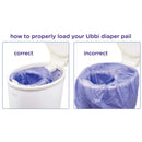 Ubbi diaper pail loading guide showing correct and incorrect ways to load plastic bags, with labeled examples.
