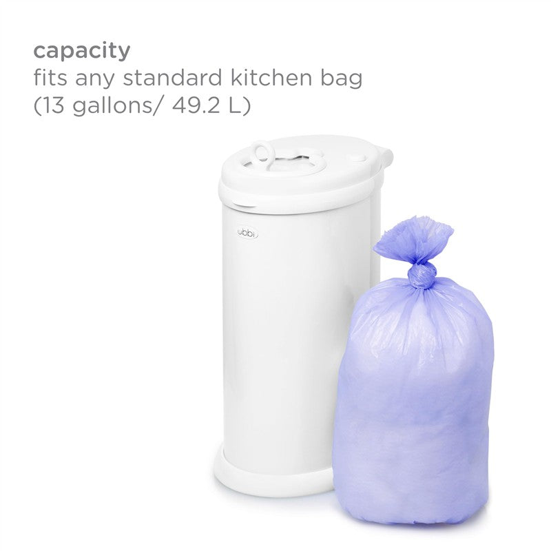Ubbi diaper pail with a removable purple disposable bag, highlighting its 13-gallon capacity for baby waste.