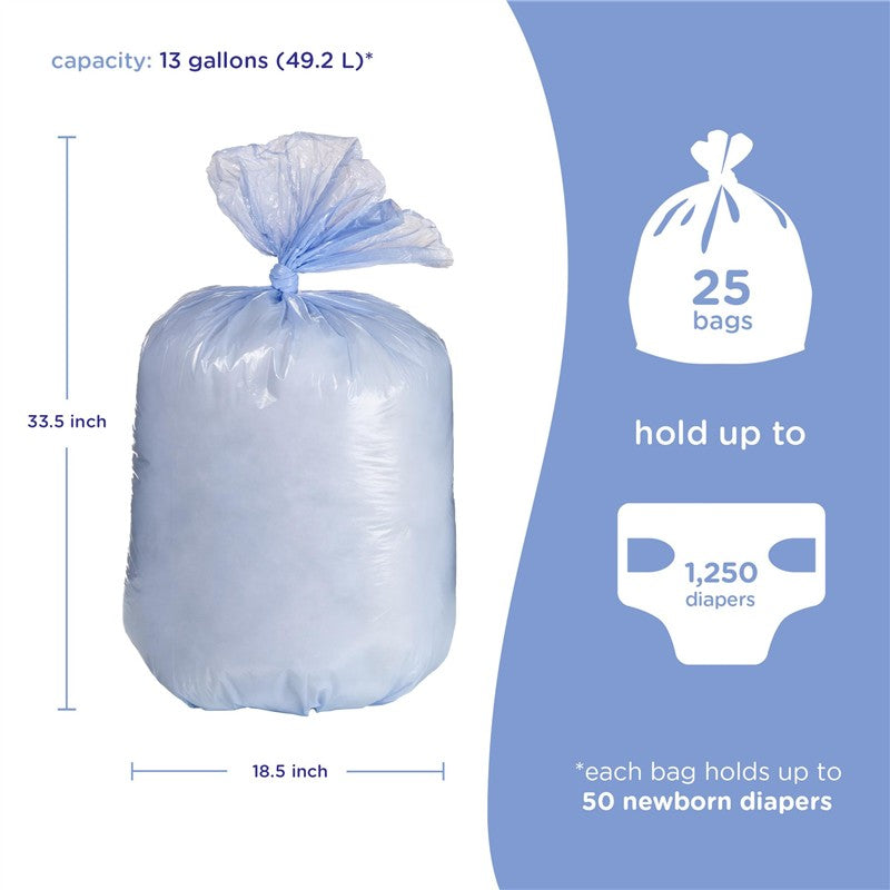 Plastic diaper pail bags in a light blue color, 33.5 inches tall, capable of holding 13 gallons, 25 count, and 1,250 diapers total.