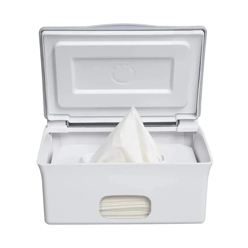Flushable wipes dispenser in white and grey, opened with a single wipe partially pulled out, revealing an easy-access design.