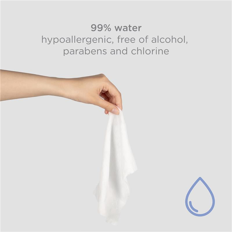 Fragrance-free baby wipe being held, highlighting its 99% water content and hypoallergenic features.