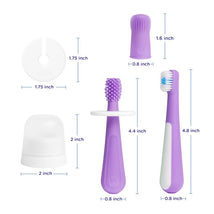 Ubbi Grow with Me Toothbrush Training Set for babies and toddlers, featuring three toothbrushes and a protective cap in purple.