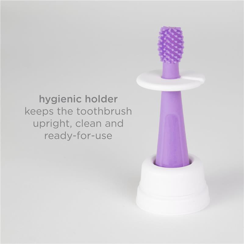 Training toothbrush set with a purple brush and hygienic holder for keeping it clean and upright.