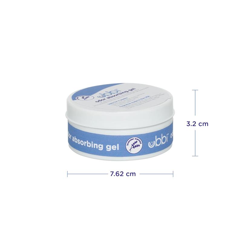 Ubbi lavender scented absorbing gel canister, 3.2 cm tall and 7.62 cm wide, designed for diaper pail odor control.