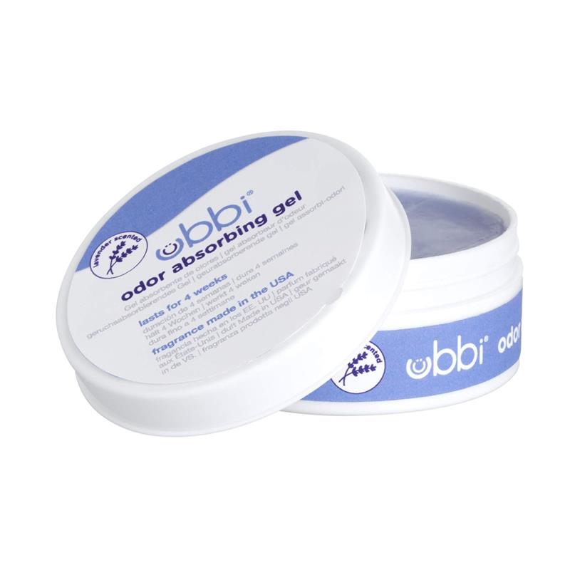 Ubbi lavender scented odor absorbing gel in a white container, designed for diaper pail odor control, lasts for four weeks.
