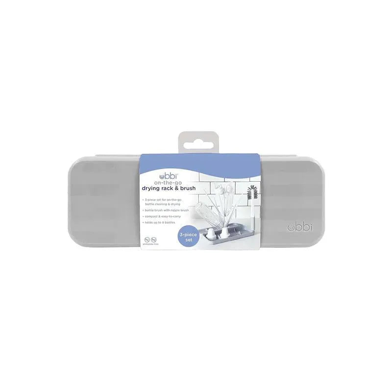 Ubbi On-The-Go Drying Rack set in grey, includes a drying rack and bottle brush, designed for drying up to 8 bottles.