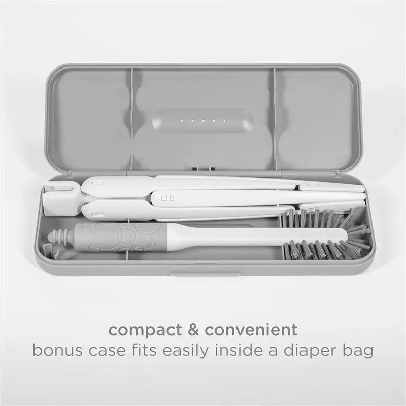 Ubbi On-The-Go Drying Rack in grey, featuring compact design with multiple drying utensils stored in a convenient case.
