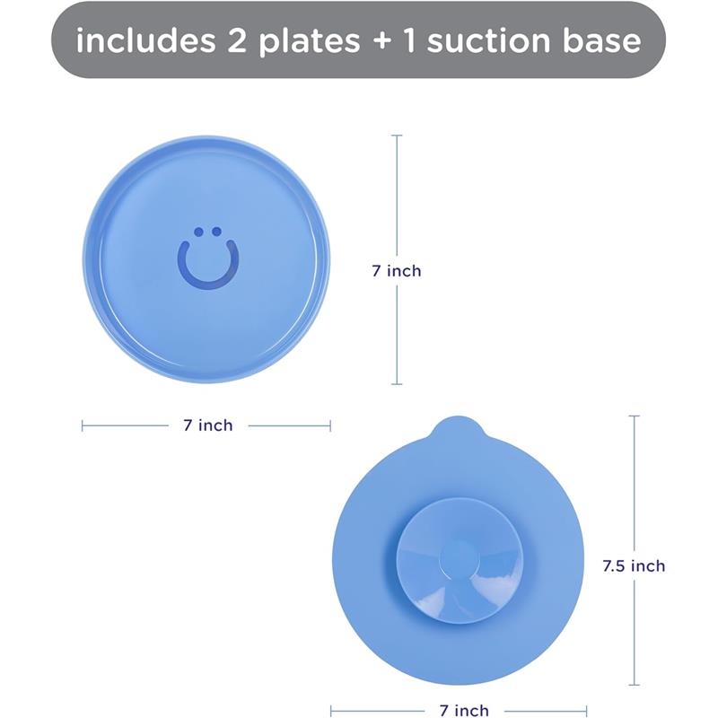 Plate set in Polaris Blue, includes two 7-inch plates with a smiling face design and one 7.5-inch suction base.