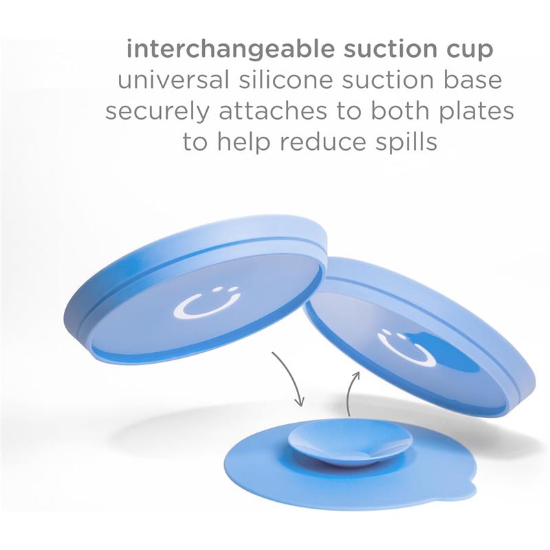Ubbi plate set in Polaris Blue displaying interchangeable silicone suction bases designed to reduce spills for babies and toddlers.