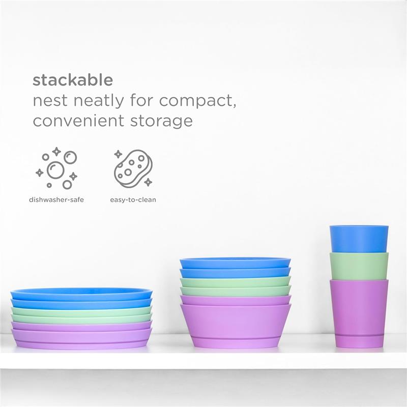 Ubbi plate set in Polaris Blue, featuring stackable bowls and cups, highlighting easy-to-clean and dishwasher-safe attributes.