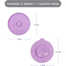 Plate set including two smooth purple plates with a smiley design and one suction base, dimensions labeled.