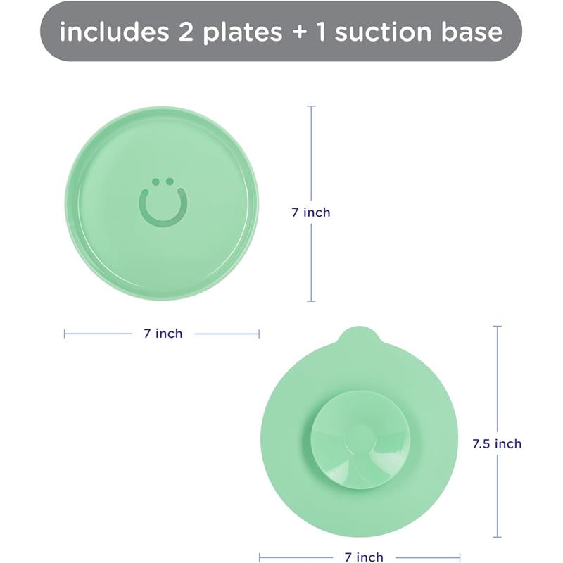 Plate set includes two green plates with a smiley face and one suction base, dimensions labeled in inches.