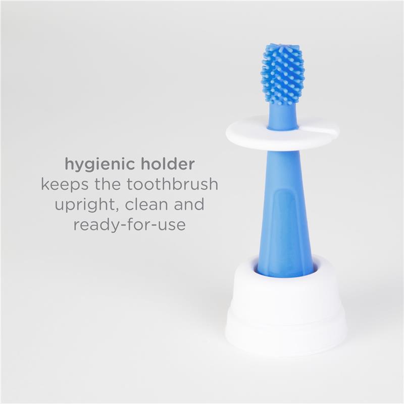 Blue toddler toothbrush in a hygienic holder, keeping it upright and clean; labeled with usage instructions.
