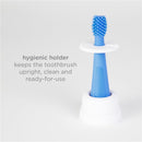 Blue toddler toothbrush in a hygienic holder, keeping it upright and clean; labeled with usage instructions.