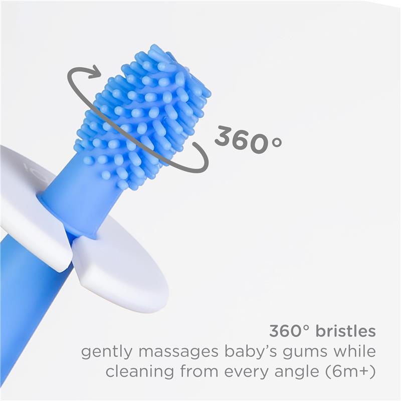 Toddler toothbrush with 360° bristles, designed to gently massage gums and clean from all angles, suitable for ages 6 months and up.