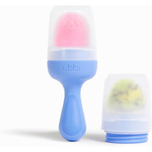 Smoothie Blue baby food feeder set includes a blue handle and two interchangeable silicone tops, one with a pink tip.