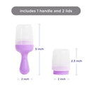 Purple Ubbi baby food feeder set includes one handle and two lids, with measurements displayed.