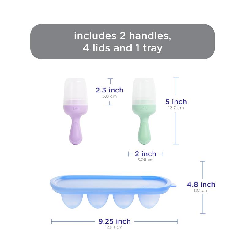 Ubbi smoothie feeder and freezer tray set in purple and green, includes two handles, four lids, and one tray.