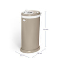 Stainless steel Ubbi diaper pail in taupe, measuring 19.5 x 11.38 x 8.38 inches, with an odor-locking feature.