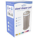Ubbi stainless steel diaper pail in taupe, featuring odor-locking technology and no special bags required, with child safety lock.