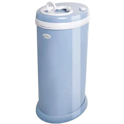 Steel odor-locking diaper pail in cloud blue with a lid and handle for easy disposal of diapers.
