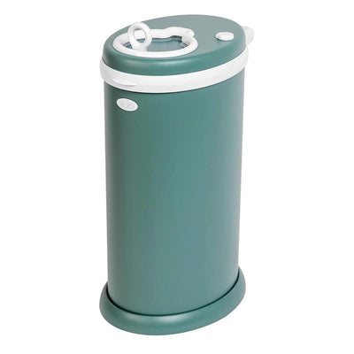 Odor-locking Ubbi steel diaper pail in open water color, featuring a sleek design and no special bag requirement.