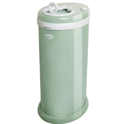 Steel diaper pail in sage green with a white lid, designed to lock in odors.